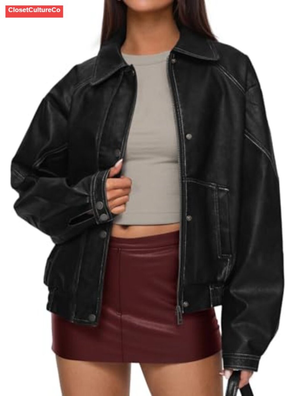 Oversized Faux Leather Moto Biker Jacket Button-Down Trench Coat